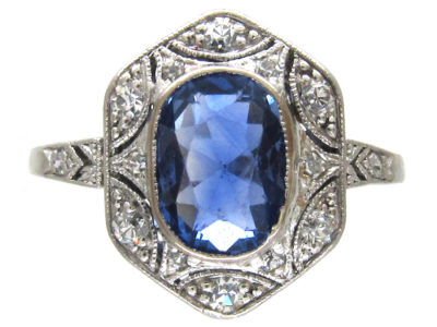 Art Deco Ceylon Sapphire & Hexagonal Diamond Ring