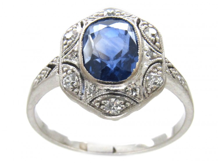 Art Deco Ceylon Sapphire & Hexagonal Diamond Ring