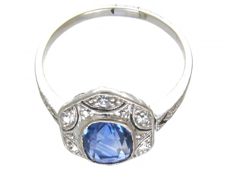 Art Deco Ceylon Sapphire & Hexagonal Diamond Ring