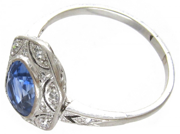 Art Deco Ceylon Sapphire & Hexagonal Diamond Ring