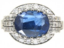 18ct White Gold Art Deco Oval Sapphire & Diamond Ring