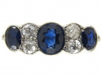 Three Stone Sapphire & Diamond 18ct White Gold Art Deco Ring