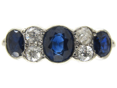 Three Stone Sapphire & Diamond 18ct White Gold Art Deco Ring
