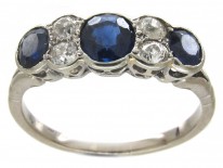 Three Stone Sapphire & Diamond 18ct White Gold Art Deco Ring