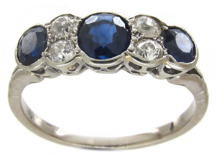 Three Stone Sapphire & Diamond 18ct White Gold Art Deco Ring