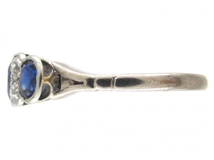 Three Stone Sapphire & Diamond 18ct White Gold Art Deco Ring