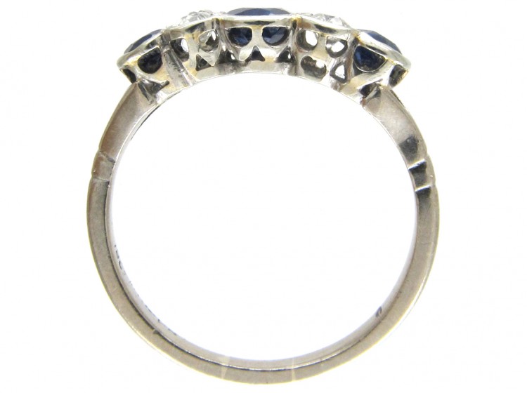 Three Stone Sapphire & Diamond 18ct White Gold Art Deco Ring