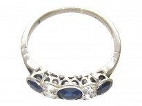 Three Stone Sapphire & Diamond 18ct White Gold Art Deco Ring