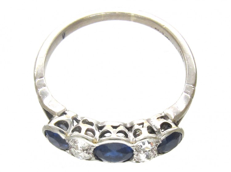 Three Stone Sapphire & Diamond 18ct White Gold Art Deco Ring