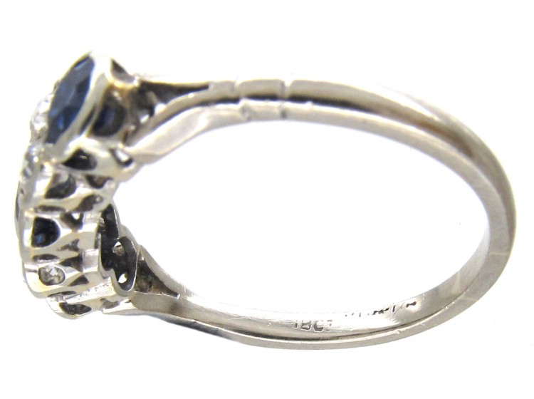 Three Stone Sapphire & Diamond 18ct White Gold Art Deco Ring