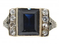 Art Deco Rectangular Sapphire & Diamond Ring with Diamond Shoulders