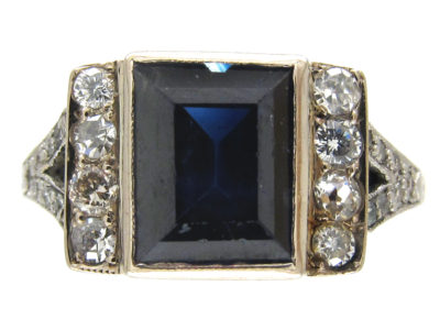 Art Deco Rectangular Sapphire & Diamond Ring with Diamond Shoulders