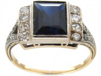 Art Deco Rectangular Sapphire & Diamond Ring with Diamond Shoulders