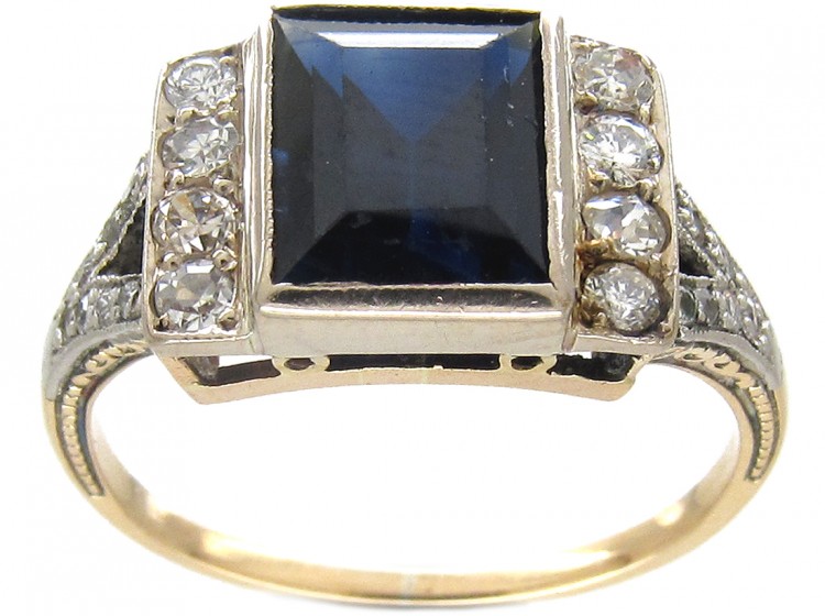 Art Deco Rectangular Sapphire & Diamond Ring with Diamond Shoulders