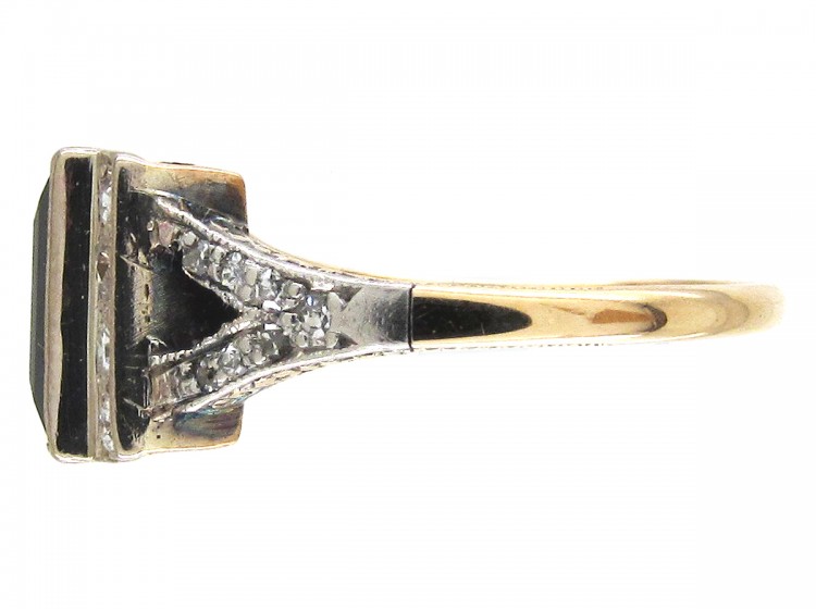 Art Deco Rectangular Sapphire & Diamond Ring with Diamond Shoulders