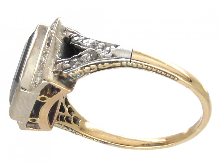 Art Deco Rectangular Sapphire & Diamond Ring with Diamond Shoulders