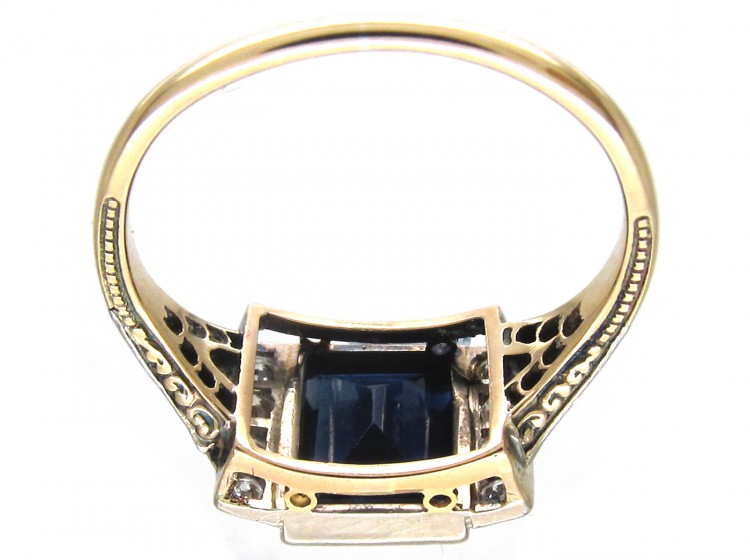 Art Deco Rectangular Sapphire & Diamond Ring with Diamond Shoulders