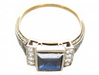 Art Deco Rectangular Sapphire & Diamond Ring with Diamond Shoulders