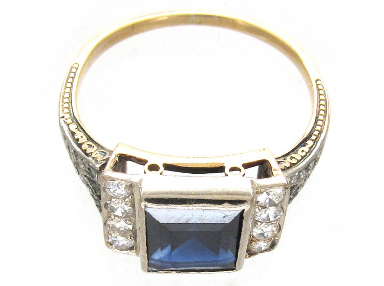 Art Deco Rectangular Sapphire & Diamond Ring with Diamond Shoulders
