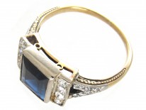 Art Deco Rectangular Sapphire & Diamond Ring with Diamond Shoulders