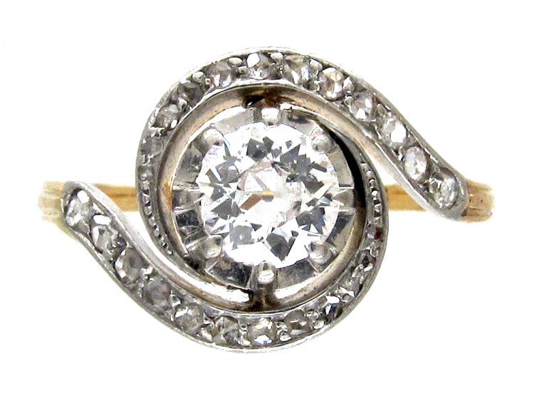 French Art Nouveau 18ct Gold & Platinum, Diamond Twist Ring