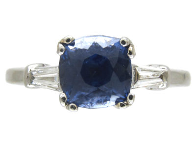 Sapphire Solitaire Ring with Diamond Baguette Shoulders