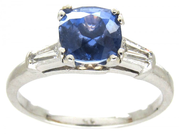 Sapphire Solitaire Ring with Diamond Baguette Shoulders