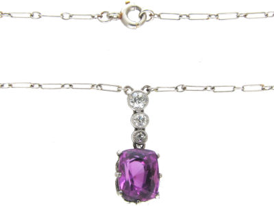 Edwardian Pink Sapphire & Diamond & Platinum Pendant on Platinum Chain