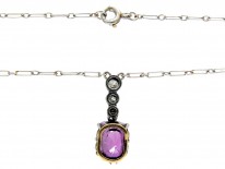 Edwardian Pink Sapphire & Diamond & Platinum Pendant on Platinum Chain