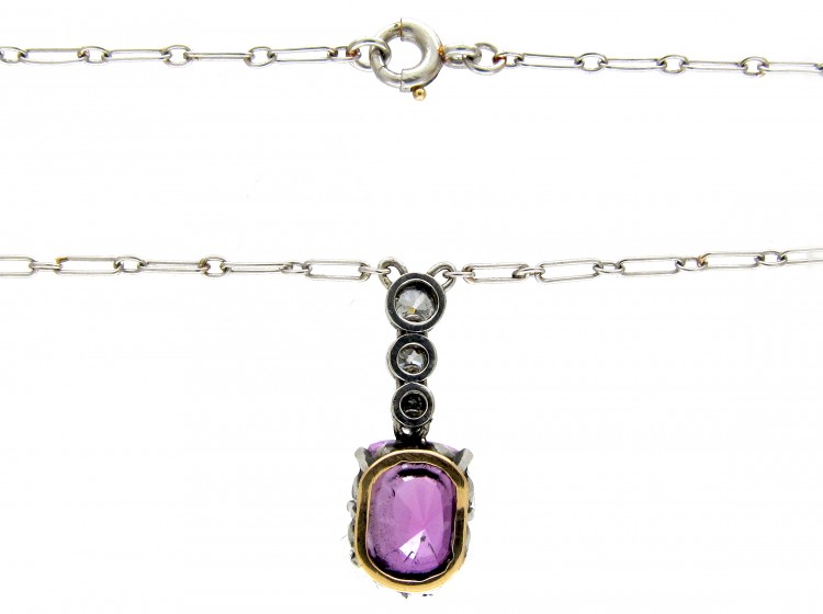 Edwardian Pink Sapphire & Diamond & Platinum Pendant on Platinum Chain