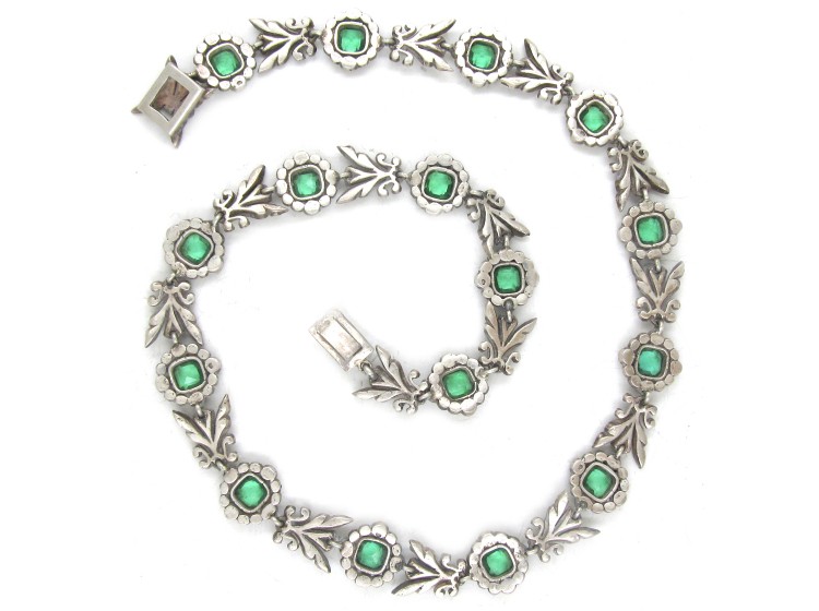 Victorian Silver & Green & White Paste Necklace