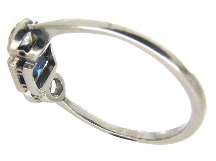 Art Deco Three Stone Square Sapphire & Diamond Ring