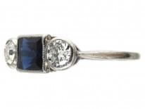 Art Deco Three Stone Square Sapphire & Diamond Ring