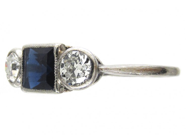 Art Deco Three Stone Square Sapphire & Diamond Ring