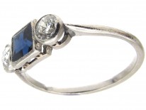 Art Deco Three Stone Square Sapphire & Diamond Ring