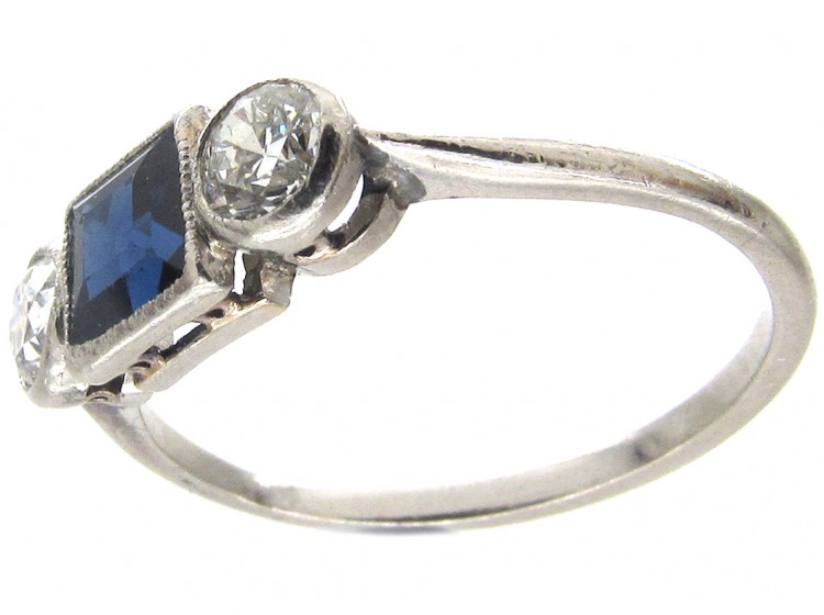 Art Deco Three Stone Square Sapphire & Diamond Ring