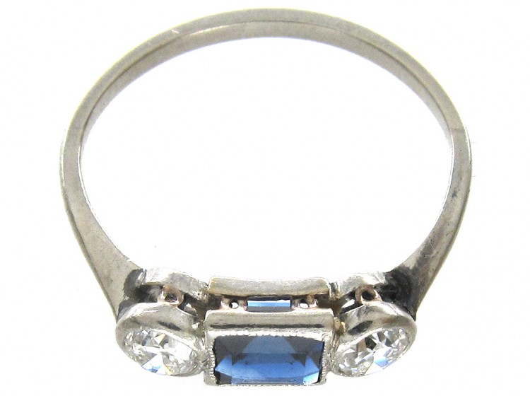 Art Deco Three Stone Square Sapphire & Diamond Ring