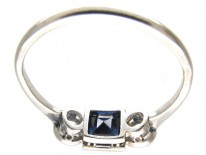 Art Deco Three Stone Square Sapphire & Diamond Ring