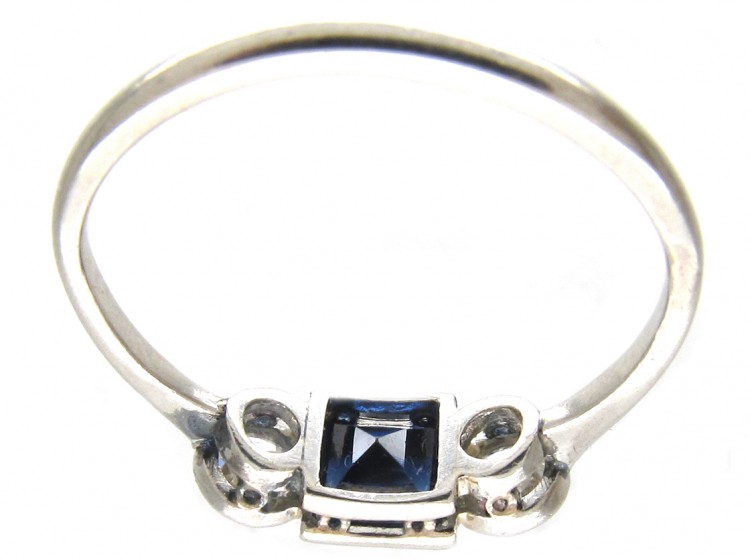 Art Deco Three Stone Square Sapphire & Diamond Ring
