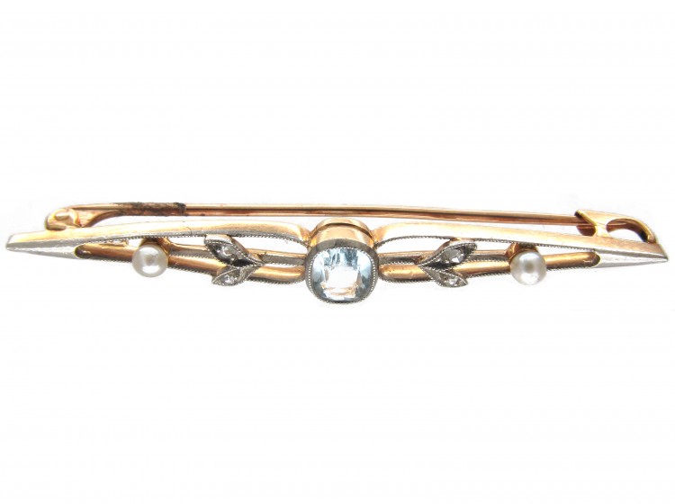 Edwardian Diamond & Aquamarine Bar Brooch