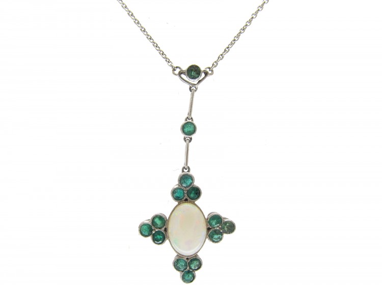 Art Deco Emerald & Opal Pendant on Chain