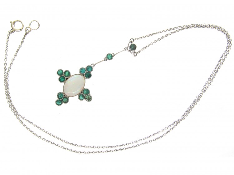 Art Deco Emerald & Opal Pendant on Chain