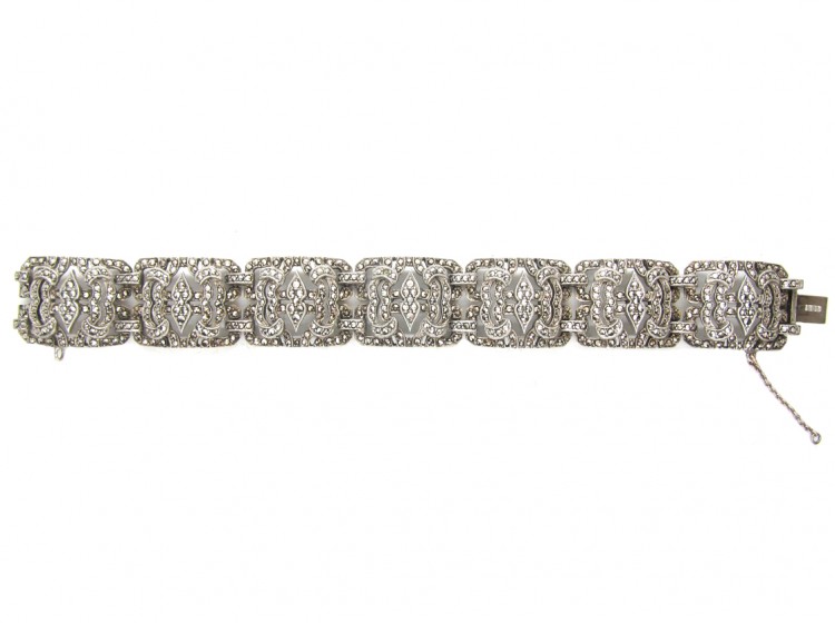 Art Deco Wide Silver & Marcasite Bracelet