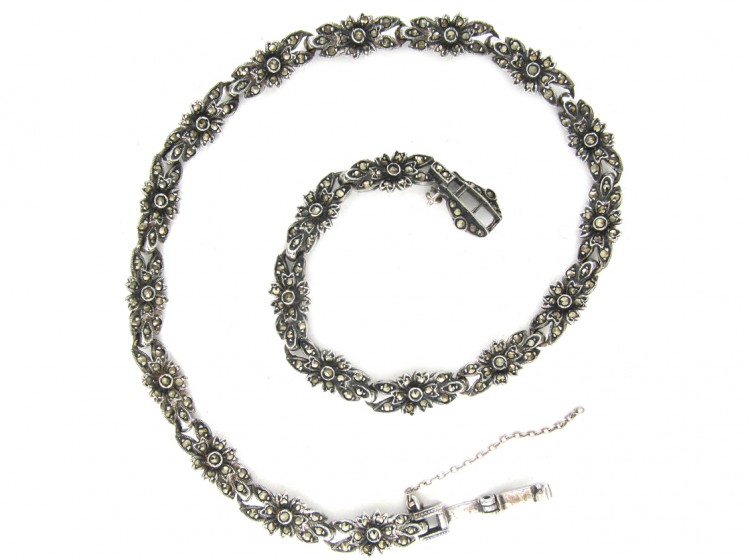 Art Deco Silver & Marcasite Flowers Necklace