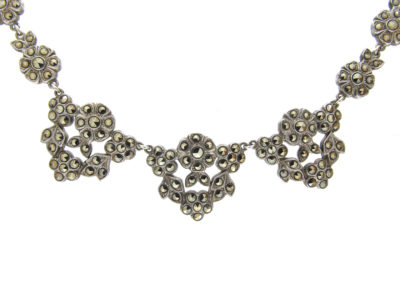 Art Deco Silver & Marcasite Flower Clusters Necklace