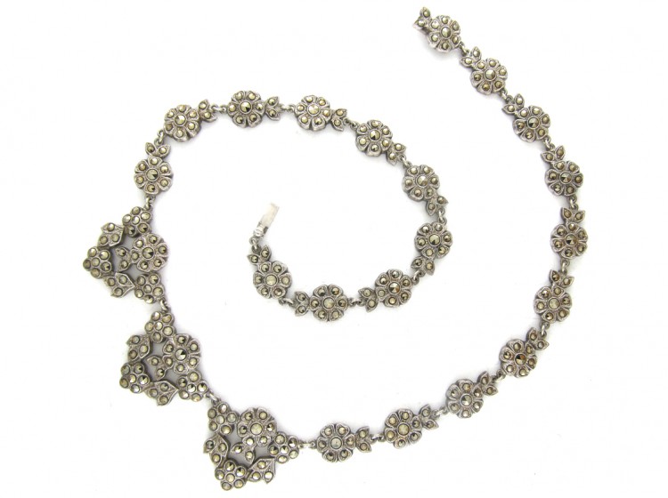 Art Deco Silver & Marcasite Flower Clusters Necklace
