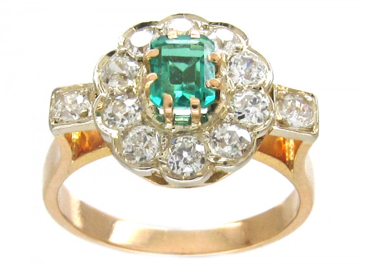 Art Deco Emerald & Diamond Ring with Diamond Shoulders