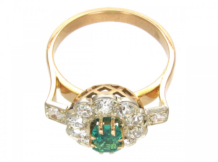 Art Deco Emerald & Diamond Ring with Diamond Shoulders