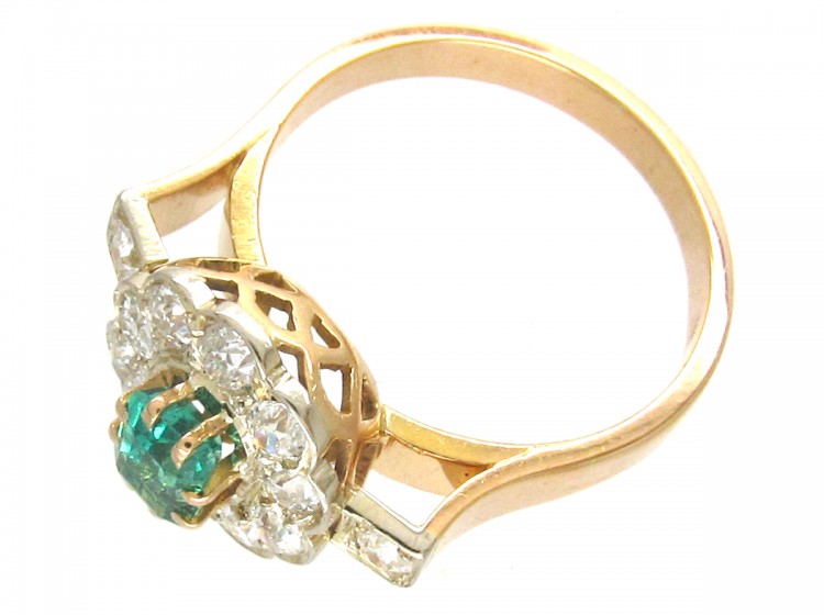 Art Deco Emerald & Diamond Ring with Diamond Shoulders
