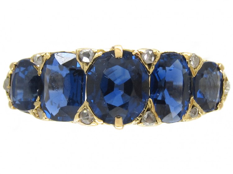 Victorian Five Stone Sapphire & Diamond Points Ring